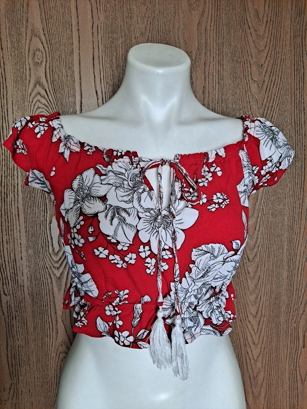 La Hearts Red Floral Off-Shoulder Tie-Front Crop Top